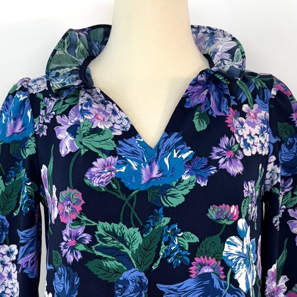 J. Crew Ruffle Neck Long Sleeve Crepe Top Blouse in Blue Floral | XS - Picture 3 of 12